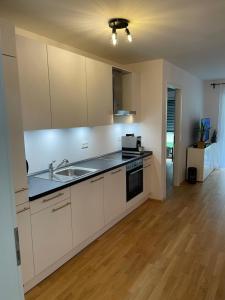 ミュンヘンにあるLuxury City Apartment in Munichの白いキャビネットとシンクのあるキッチン