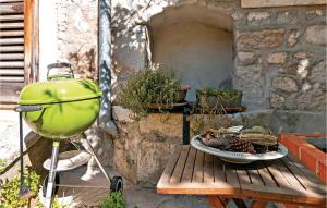 a green grill sitting on a wooden table with plants at Holiday Home Milna I in Milna +16 photos