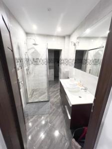 a bathroom with a shower and a sink at Apartament Plac Klasztorny in Legnica +3 photos
