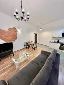 レグニツァにあるApartament Plac Klasztornyのソファとテーブルのあるリビングルーム