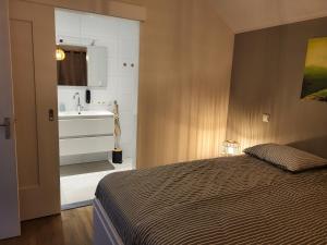 una camera da letto con un letto e un bagno con un lavandino di Sundaville bij Posbank Veluwe a Eerbeek
