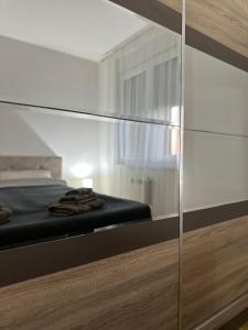 a bedroom with a bed and a glass wall at Apartman Fortuna in Požarevac