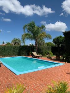 a pool with a bench and a palm tree at Estadia Rose - Quarto 2 in São Gabriel +5 photos