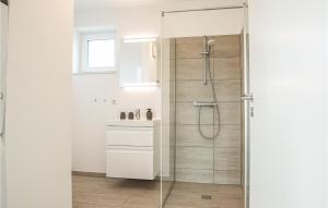 Un baño blanco con ducha y lavabo. en Penthouse Comfort, en Lembruch