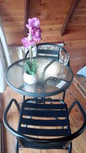 a glass table and two chairs with a flower on it at Lago Cristal Chalets in Bucaramanga +4 photos