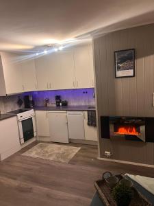 eine Küche mit weißen Schränken und einem Kamin darin in der Unterkunft Arctic Apartment with outdoor jacuzzi in Tomasjorda