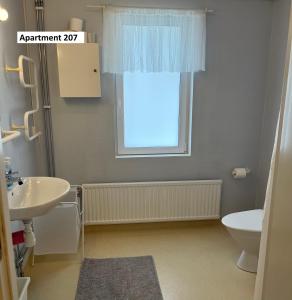 un bagno con lavandino, water e finestra di Sofia Lägenhetshotell ad Älmhult Altre 66 foto