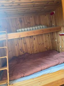 a bunk bed in a wooden room with a ladder at Traditionale Norwegian mountain cabin Passebekk Skrim Karibu no water connection in Kongsberg