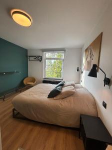 a bedroom with a large bed and a window at La Maison Calestienne in Han-sur-Lesse