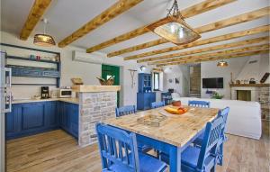 a kitchen and dining room with blue cabinets and a wooden table at Villa Soricevi Dvori in Barat