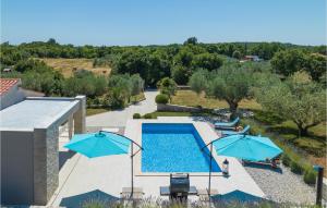 una piscina con due ombrelloni blu accanto di Villa Saint Silentio a Marčana