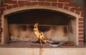a brick oven with a fire and a bowl of vegetables at Amazing Home In Oklaj With Wifi in Oklaj +21 photos