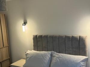 a bedroom with a bed with a headboard and a lamp at The Duplex at Sophia Mews with free parking in Cardiff