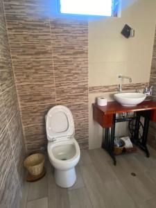 a bathroom with a toilet and a sink at CasaBlanca Callacpuma in Cajamarca