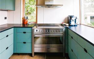a kitchen with blue cabinets and a stove at Awesome Home In Farsund With Wifi in Farsund