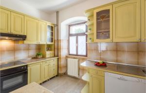 a kitchen with yellow cabinets and a window at Lovely Home In Motovun With Sauna in Motovun