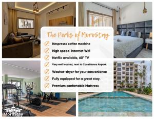 a collage of photos of a room with a bed and a pool at AeroHarmony in Nouaceur