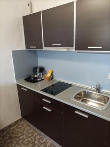 a kitchen with brown cabinets and a sink at Банско in Bansko
