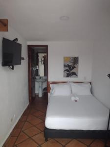 カルタヘナ・デ・インディアスにあるCasa Marqués del Pedregalの白いベッドとテレビのある寝室