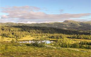 a lake in the middle of a field with mountains at Lovely Home In Veggli With Kitchen in Veggli +12 photos