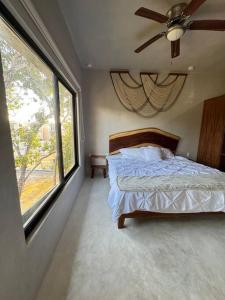 トゥルムにあるJungle Penthouse w private rooftop, AC and WiFiのベッドと大きな窓のある寝室