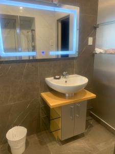 a bathroom with a sink and a mirror at Weymouth Oasis in Auckland +30 photos
