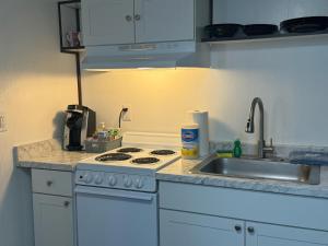 a kitchen counter with a stove and a sink at Kings Studio Apartment C in Nome