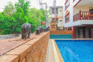 a group of elephants standing on a wall near a swimming pool at SK House 2 in Chiang Mai