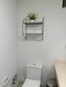 a bathroom with a toilet and a shelf on the wall at MIRAFLORES APART-10Beds-11Persons-Pool-Grill-Garage-Near Kennedy Park in Lima +108 photos