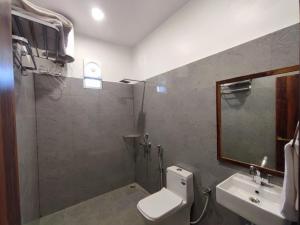 Un baño con inodoro, lavabo y espejo. en Mishka Boutique Hotel, en Rāmgarh
