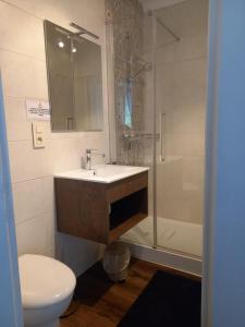 a bathroom with a sink and a shower at La Maison de Soso in Chambon-le-Château +33 photos