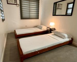 two twin beds in a room with a mirror at Cozy Cottage in Kabankalan