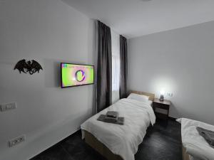 Un dormitorio con dos camas y un televisor en la pared. en Bârlogul balaurului, en Afumaţi
