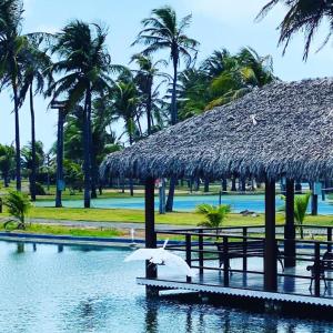 a resort with a pool and a thatch roof at Resort Aquaville Apartmento in Aquiraz