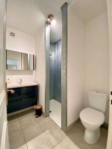 ein Badezimmer mit Toilette und Waschbecken in der Unterkunft Maison 2 chambres, village calme - Village Vaux 3 minutes Auxerre in Auxerre