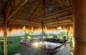 un bain à remous sous un toit de chaume dans un jardin dans l'établissement Villa Merapi, à Sveti Lovreč Pazenatički