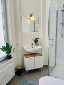 une salle de bain blanche avec un lavabo et une douche dans l'établissement Clemençon by BLOSS, à Gand