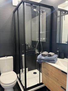 a bathroom with a shower and a toilet and a sink at NOUVEAU AU COEUR DES CORDIERS ! QUARTIER HISTORIQUE in Le Tréport +26 photos