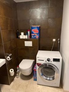 ルクセンブルクにあるChic Central Luxembourg Flatの小さなバスルーム(洗濯機、トイレ付)