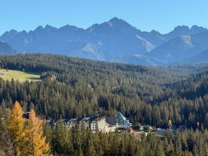 a house on a hill with mountains in the background at Willa Ciżemka- sauna, tężnia solankowa in Bukowina Tatrzańska
