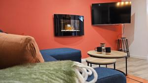 a living room with a couch and a tv at Appartement cozy 2 chambres in Luchon
