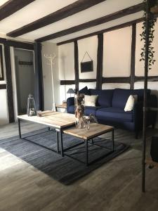 a living room with a blue couch and a coffee table at Sous les toits du Zinc - Climatisé in Colmar