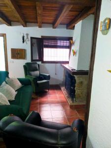 un soggiorno con divano verde e camino di Casa Rural Mi Rincón Exquisito a Orcera Altre 28 foto
