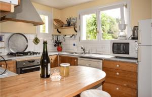 kuchnia z butelką wina na blacie w obiekcie Cozy Home In Plouézec With Wifi w mieście Plouézec