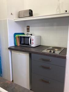a microwave sitting on top of a counter in a kitchen at Les Chênes-lièges d'Ambeille in Collioure