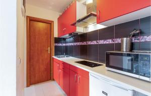 a kitchen with red cabinets and a red door at Stunning Apartment In Krusevo With Wifi in Kruševo