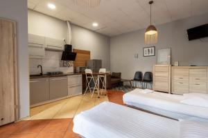 a large room with two beds and a kitchen at Apartamenty Komfort in Częstochowa +30 photos