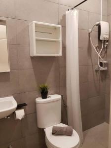 a bathroom with a toilet with a plant on it at Heritage Loft on Beach Street near UNESCO Zone & Street Art 2 in George Town +18 photos