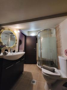 Un baño con inodoro, lavabo y ducha. en Sweet memories Δίπλα στο Μύλο των Ξωτικών, en Tríkala 32 fotos más