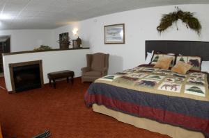 1 dormitorio con 1 cama, 1 silla y chimenea en RiverBank Lodge, en Petersburg